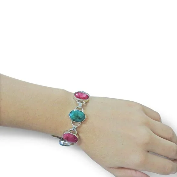 Emerald & Ruby Massive Bracelet Sterling Silver 7" & 8"